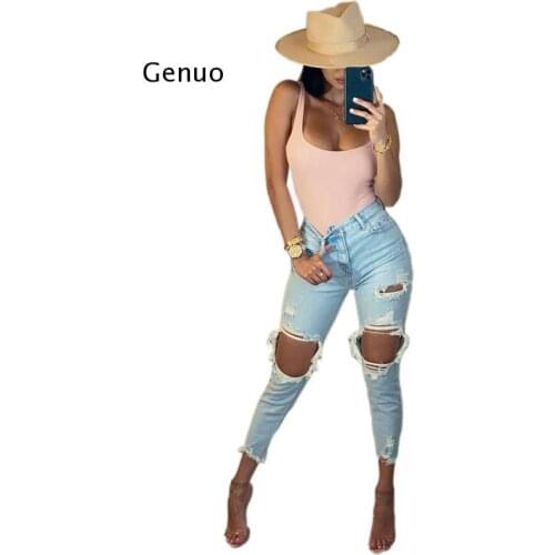 Elegant Hole Ripped Jeans Women Pants Denim Blue Vintage Straight High Waist Casual Female Slim Fit Trousers Plus Size