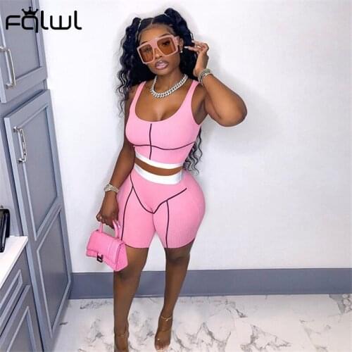 FQLWL Summer Streetwear Pink 2 Two Piece Sets Women Outfit Sleeveless Backless Crop Top Biker Shorts Sets Fitness Tracksuit 2021