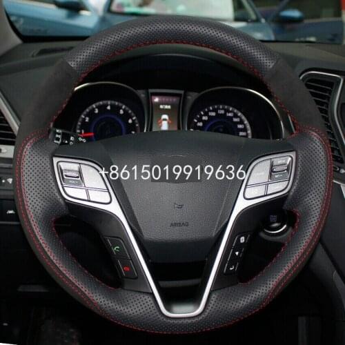 Black Leather Suede Hand-stitched Car Steering Wheel Cover for Hyundai Santa Fe 2013-15 IX45