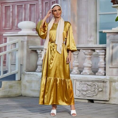 Summer Lady Lantern Sleeve Satin Maxi Dress Muslim Modest Clothing For Women Hijab Party Night Gown Luxury Abaya Plus Size 2021
