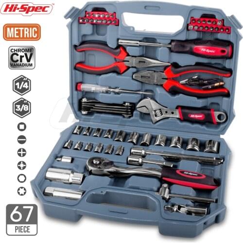 Hi-Spec 67pc 1/4 3/8 Driver Socket Set Metric General Hand Tool Set with 72Teeth Ratchet Torque Wrench Universal Joint Extension