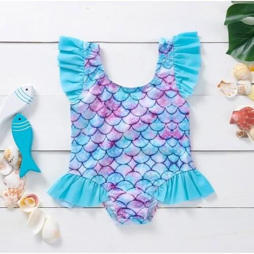 Newest Arrival Infant Summer Ruffle Swimsuit Baby Girls Sunflower/Fish Scale Print Fly Sleeve U-shaped Neck Swimwears Sportswear