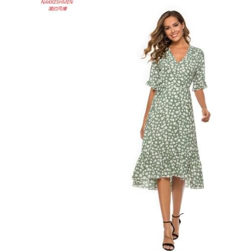 NAKKESHMEN-2021 Summer New Chiffon Printed Ruffled Dress Casual Wrap Dress