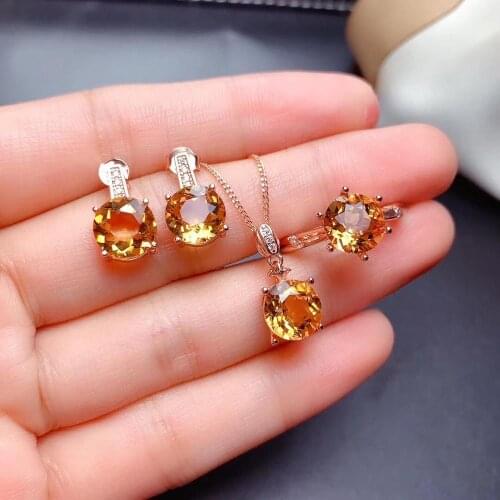 Engagement Best Gift Natural Real citrine 925 sterling silver 1pc citrine pendant,1pc ruby ring,2pcs citrine Earring