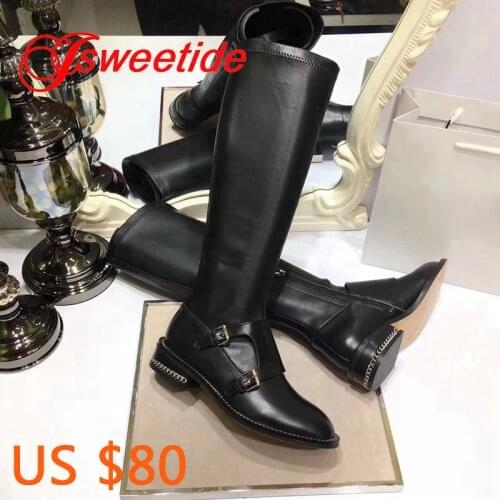 Autumn And Winter boots casual long boots fashion buckle chains genuine leather boots women over the knee heel zip leather boots