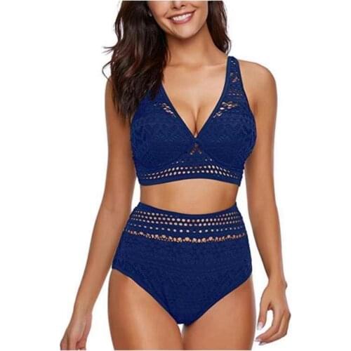 Sexy Handmade Crochet Bikini Women Solid Blue Push Up Padded Two Piece Swimsuit Beach Knitted Bathing Suit High Waist Swimwear