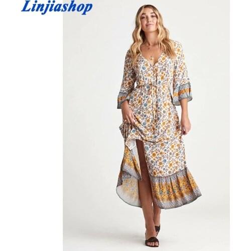 Spring Summer women midi dress loose rayon fabric floral print bohemian short dress femme vestidos