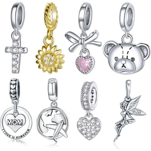 WOSTU Authentic 925 Sterling Silver Sunflowers Bear Charms Pendant Fit Bracelets Women Party Fashion DIY Jewelry Gift Making