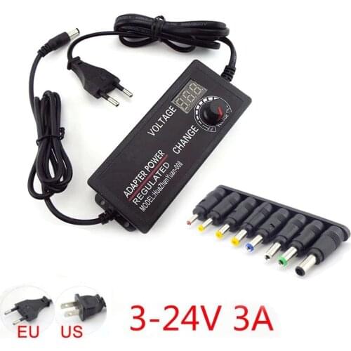 Adjustable AC to DC 3V-24V 3A 3000ma Universal Adapter with Display Screen Voltage Regulated 8 Tips DC Power Supply Connector