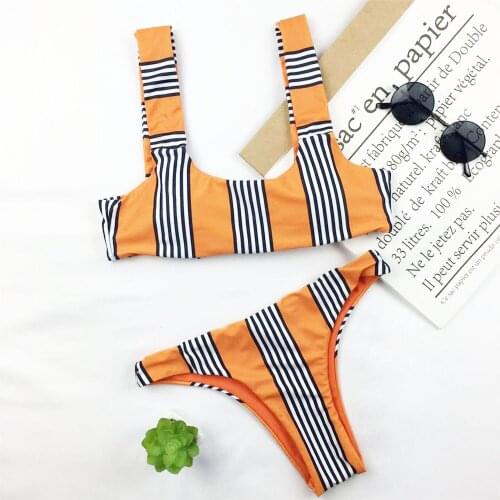 Sexy Brazilian Bikini Women Stripe Print Swimwear Push Up Swimsuit Micro Bikinis Thong Biquini Orange Bathing Suit Bow Beachwear