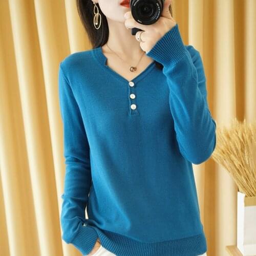 Zocept Spring Autumn Womens Sweater Casual Loose Worsted Cotton Knit Outer Jumpers With Button Decoration V-Neck Warm Pullovers