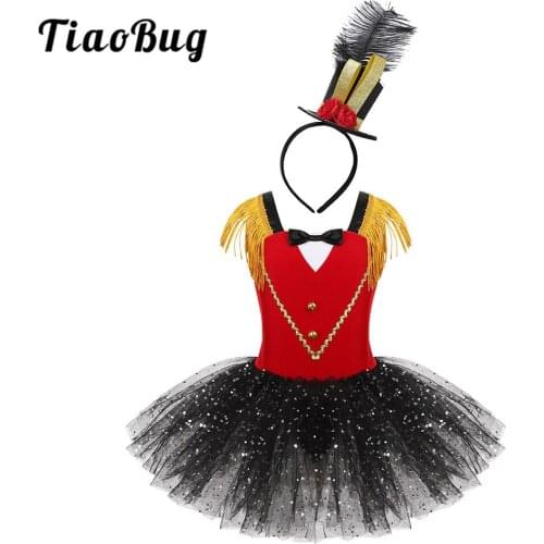 TiaoBug Kids Girls Halloween Circus Ringmaster Carnival Performance Jazz Dance Costume Leotard Dress with Mini Top Hat Headband