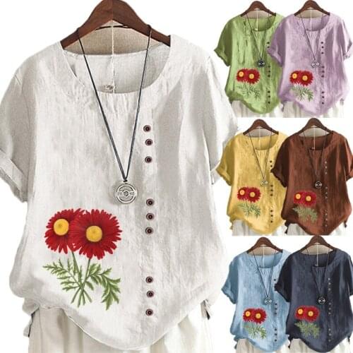Womens Summer Casual Floral Print Loose T-shirt Retro Cotton and Linen O-neck Plus Size Short-sleeved Womens Top S-5XL
