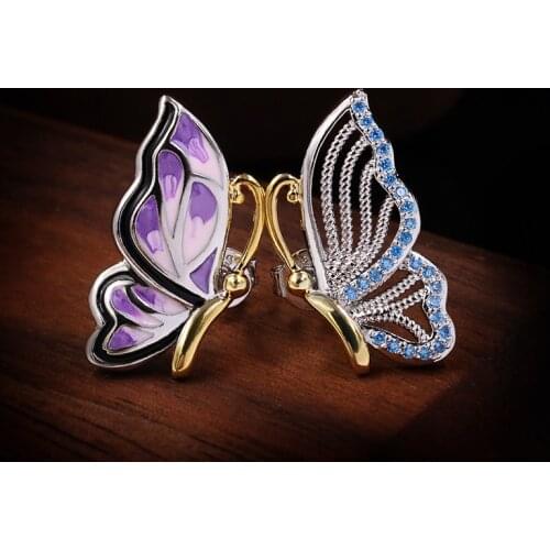 Vintage Style Womens Beautiful Purple Enamel Butterfly 925 Sterling Silver Elegant Animal Earrings Ladies Engagement Jewelry