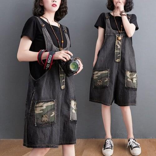 Camouflage Printed Retro Denim Overalls Womens Romper 2021 Summer New Large Size Wide Leg Playsuit Ladies Capri Jeans zh637