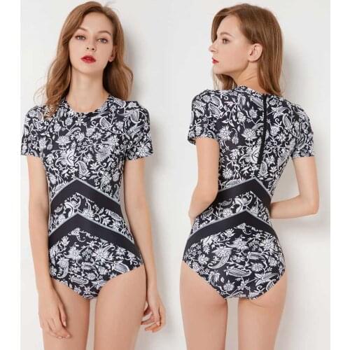 Women Rash Guard Long Sleeve One Piece with Zipper Surfing Swimsuit UPF 50 Swimwear Printed Rashguards Bathing Suit Beachwear