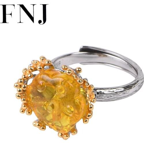 FNJ Lotus Amber Flower Ring 925 Silver Original S925 Sterling Silver Rings for Women Jewelry Adjustable size Romantic Heart