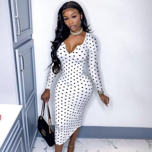 Women Polka Dot Sheath Dress Vintage Office Lady Skinny Long Sleeve Dress Spring Autumn Sexy Deep V Low Cut Bodycon Midi Dresses