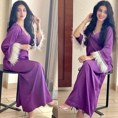 Abayas For Women Muslim Fashion Dubai Turkey Maxi Dress Tassel Feather Purple Evening Gowns 2021 New Caftan Marocain Djellaba