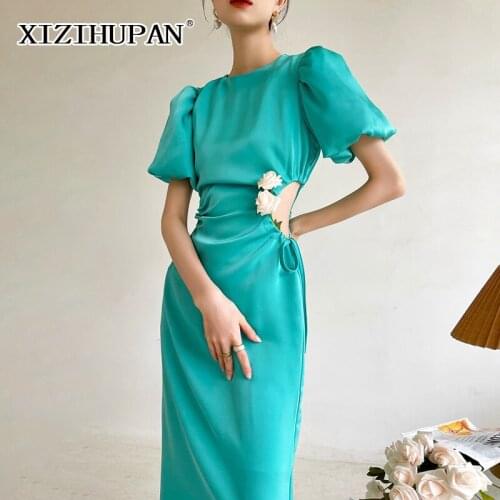 XIZIHUPAN Casual Hollow Out Solid Dress For Women O Neck Puff Short Sleeve High Waist Slim Midi Dresses Female Summer 2021 Style