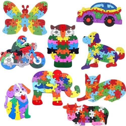 Animal Car Alphabet Numbers Educational Winding Toy Wooden Puzzle Game DIY Assembly Toy Birthday Gift for Children Kids Baby