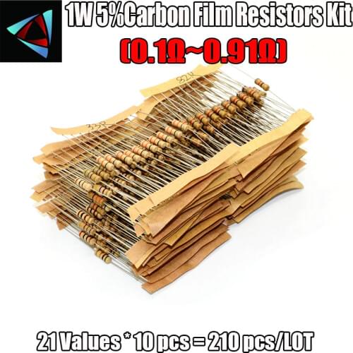 1W 5% 0.1R-0.91Ohm 21 Values*10PCS=210PCS Resistor Carbon Film Resistor Assorted Kit
