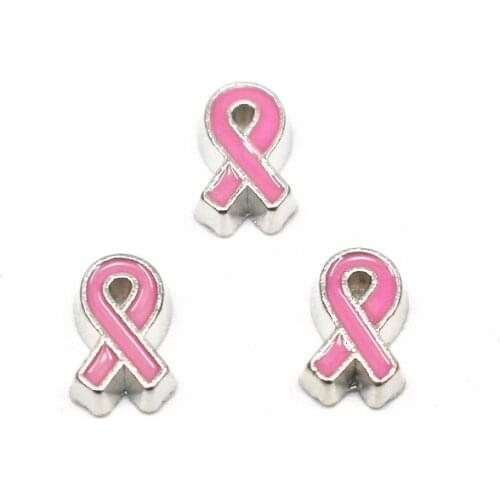 10pcs/lot Silver Enamel Pink Breast Cancer Awareness Ribbon Floating Charms For DIY Glass Floating Lockets Bracelet Jewelry