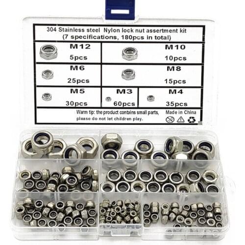 180Pcs/set DIN985 M3 M4 M5 M6 M8 M10 M12 304 Stainless Steel Hexagon Nylon Lock Nuts Set Screws Hex Socket Furniture Bolts Kit