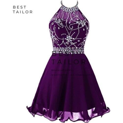 2021 Prom Party Dresses Shiny Short Chiffon Purple Halter Sexy Homecoming Gowns A Line Royal vestidos de fiesta de noche soriee