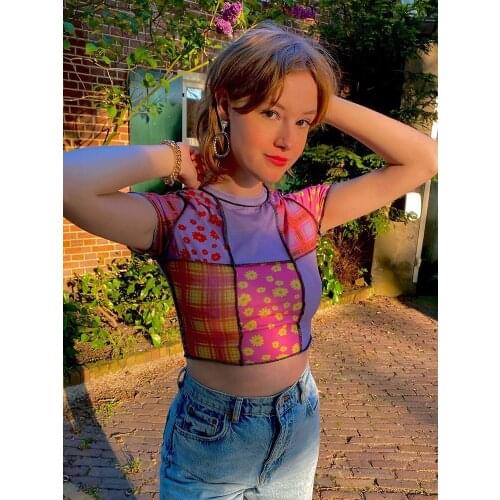 2021 Women Casual Short Sleeve T-shirt Fashion Color-block Printing Exposed Navel Pullover Tops