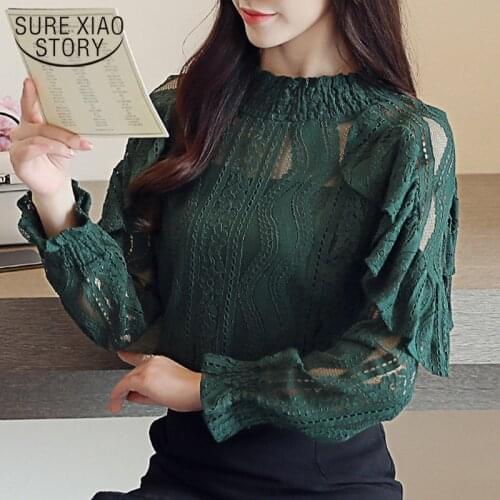2021 Women Clothing Hollow Out Floral Women Lace Blouse Ruffle Lantern Sleeve Blouse Shirt Female Tops Elegant Blusa 14313