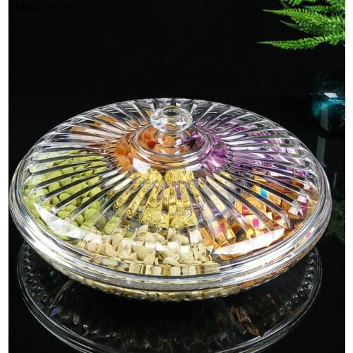 With Cover Acrylic Dried Fruit Box Home Round Moisture Proof Food Storage Box Transparent Amber Plastic 6 Cells Snacks Plate