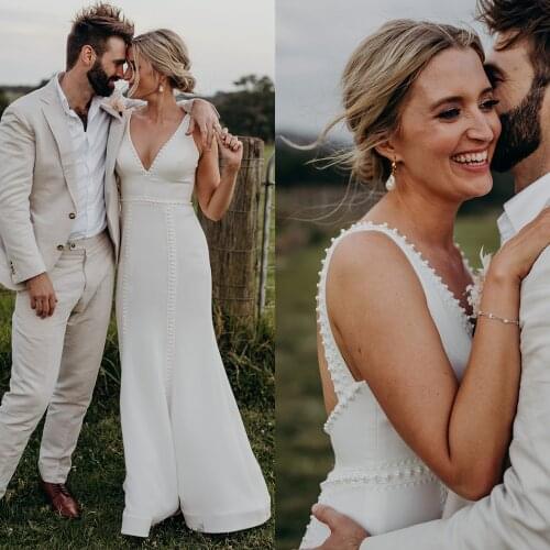 Off White Mermaid V-Neck Micro Wedding Dress Pearls Simple Elegant Personalised Backless Charming Satin Bridal Gown with Train