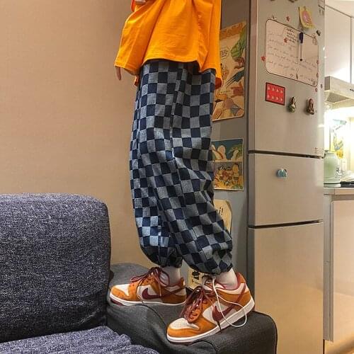 Plaid Printed Men Harem Pants Casual Elastic High Waist Pants Ankle Length Mens Loose Long Trousers Hip Hop Pants Streetwear