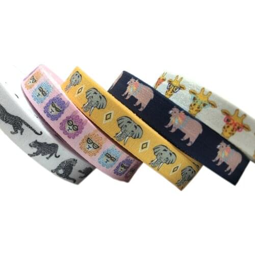 10Y 16mm Tiger Elephant Giraffe Printed Animal Fold Over Elastic Ribbon DIY Hair Ties Band Clothing Strap Accessories Headwear