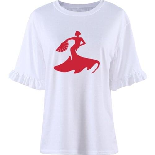 Flamenco Dance Cartoon Woman Dancer Silhouette Print T-Shirt Casual Tees Tops Petal Sleeve Female Summer O-Neck Loose Camisetas
