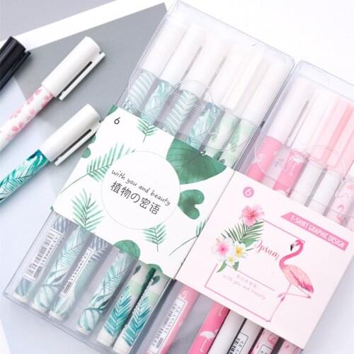 6 Pcs/lot Green Plants Flamingo Sakura Gel Pen Cute 0.5mm Black Ink Signature Pen Kawai School Writing Supplies Promotional Gift