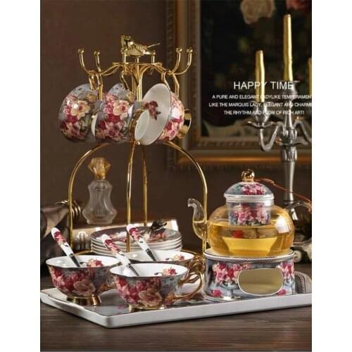 Classic Retro Ceramic Tea Cup Saucers Coffee Set With Tray European Bone China 4/6pcs Afternoon Glass Candle Heaten Teapot