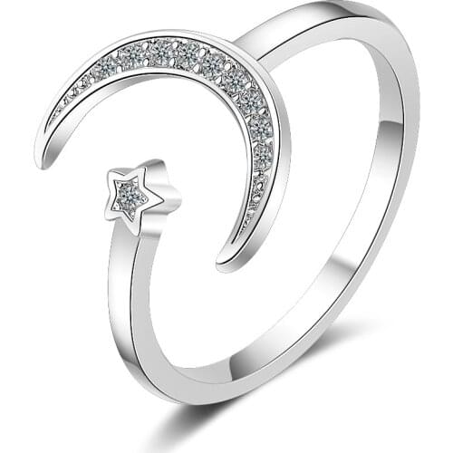 925 Sterling Silver Rings Crystal Moon Star Finger Ring For Women Wedding Jewelry Bijoux Femme JZ336