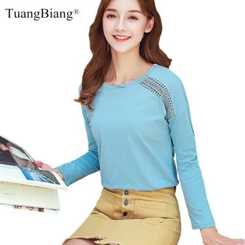 Lace Hollow out Cotton 2020 Autumn Women T Shirts Winter Long Sleeve O-Neck Plus size T-shirts female Loose Blue White sweet Top