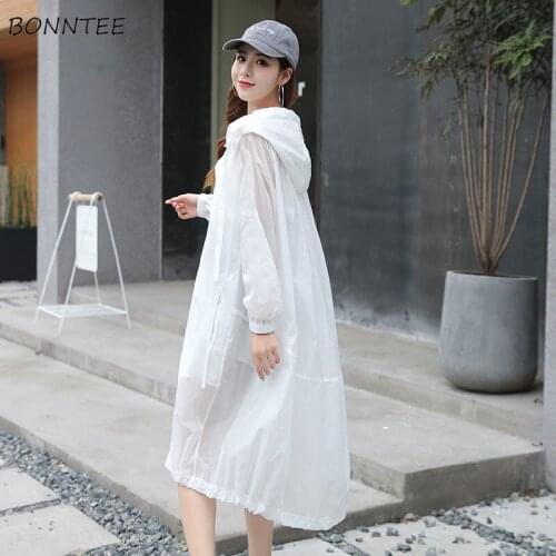 Hooded Jackets Women Sun Protection Pure Thin Fashion Summer College All-match Loose Ulzzang Fairy Elegant Female Long Outwear