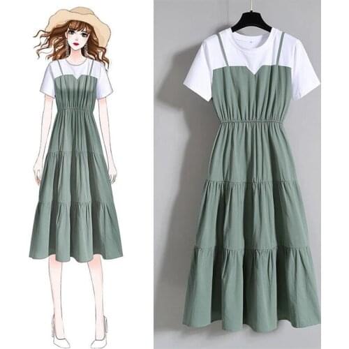 Plus size Summer Woman Dress Fashion Fake Two Pieces Dresses New Short Sleeve Dress Women Slim Dresses For Women A-Line Dress