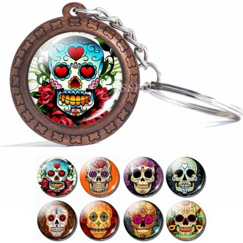 Mexican Traditional Sugar Skull Keychain The Sugar Skull Photo Cabochon Glass Keychain Wooden Pendant Day of The Dead Jewelry