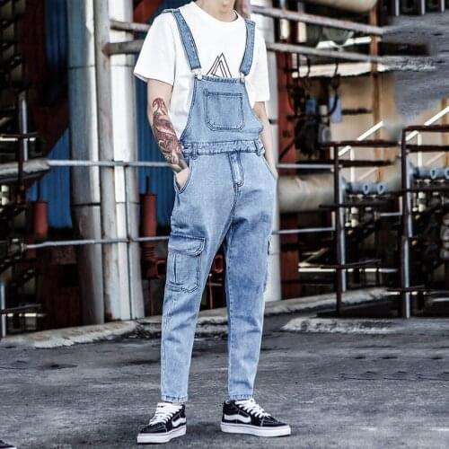 2020 New Bib Male Korean version of the Slim feet Denim Jumpsuit Male Nine points Retro Light tooling Suspenders Size M-XXL