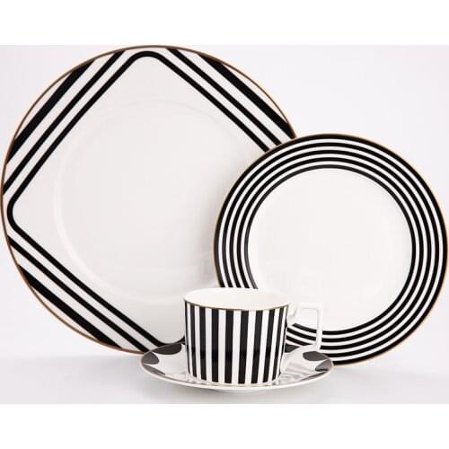 Cutlery Set Bone China Plate Coffee Cup And Saucer Talheres Black And White Tray Stripe Flat Steak Plate Dessert Tray Set 10inch