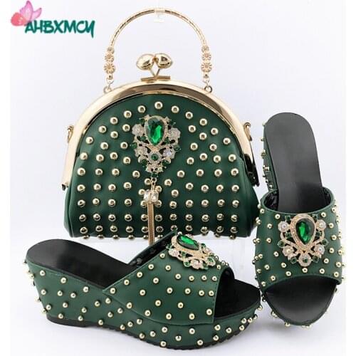 Dark Green New Coming Autumn Italian Women Shoes Matching Bag with Platform Nigerian Ladies Shoes and Bag in Heels for Wedding