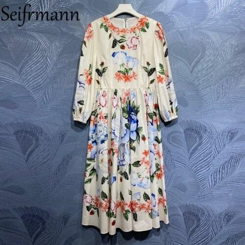 Seifrmann New 2021 Summer Women Fashion Party Cotton Dress Lantern Sleeve High Waist Floral Print Elegant Long Dresses Vestidos