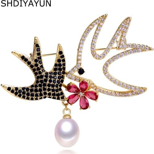 SHDIYAYUN 2019 New Pearl Brooch For Women Two Swallow Brooches Pins Natural Freshwater Pearl Fine Jewelry Accessories Corsage