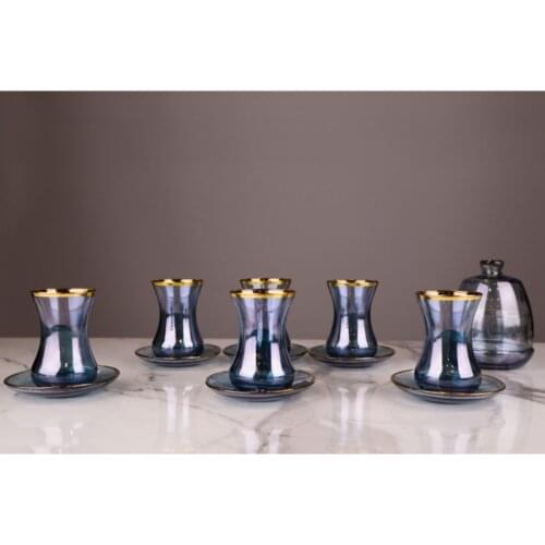 Turkish Tea Glasses Gold Detailed Blue Tea Cup Set 13 Piece Traditional Kind Of arab English French Russian Tea Cup Set