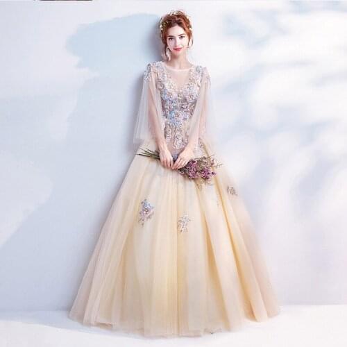 Long Sleeves Tulle Evening Party Dresses Formal Prom Dresses 3d Flowers Beading Evening Gowns Bride Wedding Lace Appliques Dress